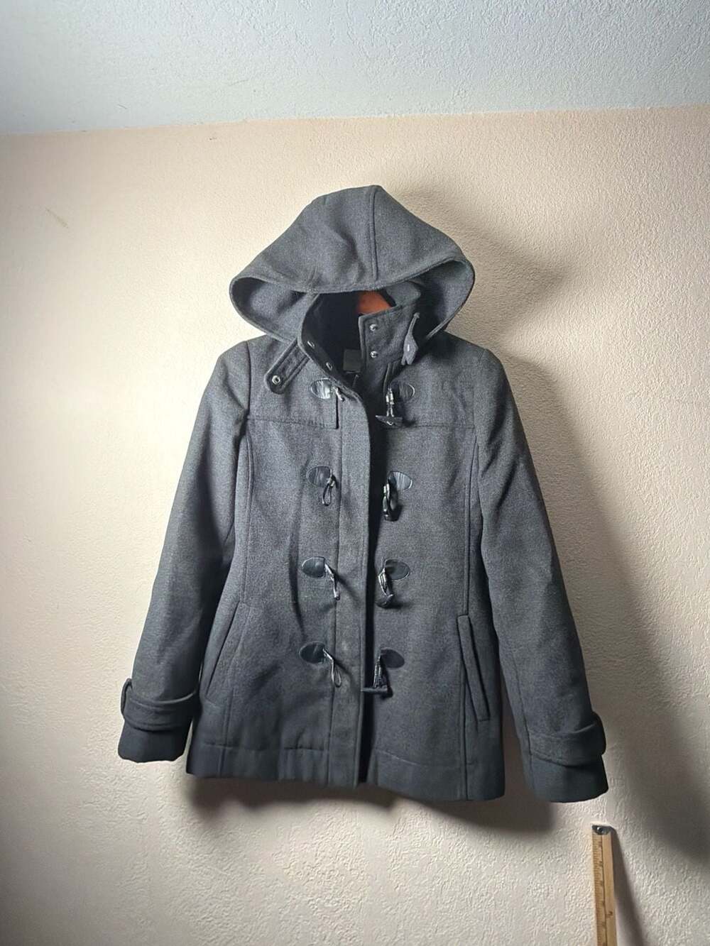 BCBGeneration Charcoal Gray Hooded Duffel Coat with Faux Leather Toggle Closures